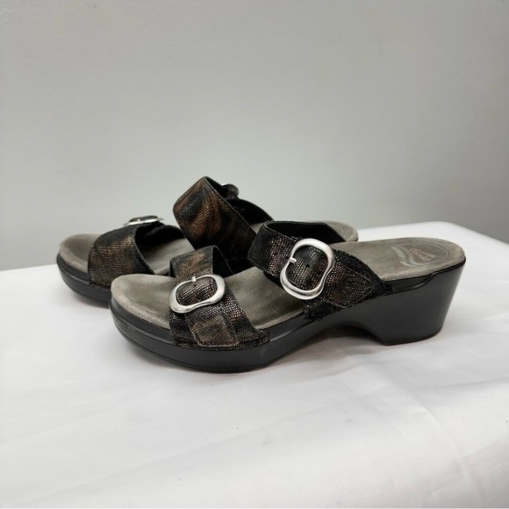 Dansko Women Black‎ Gold Iridescent Leather Slide Buckle Wedge Sandals 37
